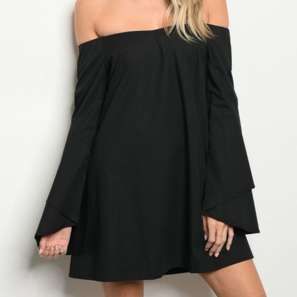 BLACK LONG SLEEVE OFF SHOULDER FLOWY TUNIC SKATER DRESS - Picture 3 of 3